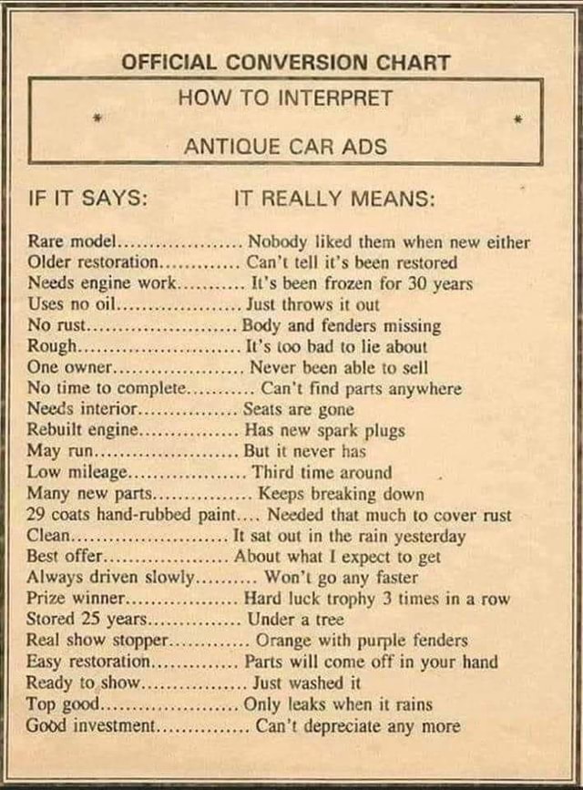 OFFICIAL CONVERSION CHART HOW TO INTERPRET ANTIQUE CAR ADS IF IT SAYS Rare model... Older