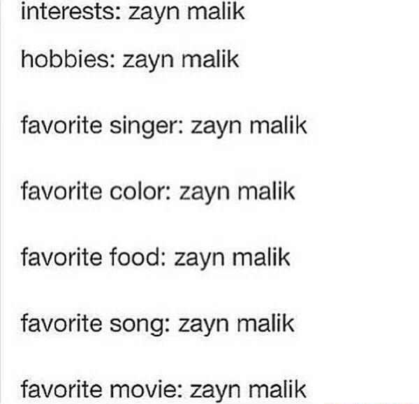 Interests zayn malik hobbies zayn malik favorite singer zayn malik favorite color zayn malik