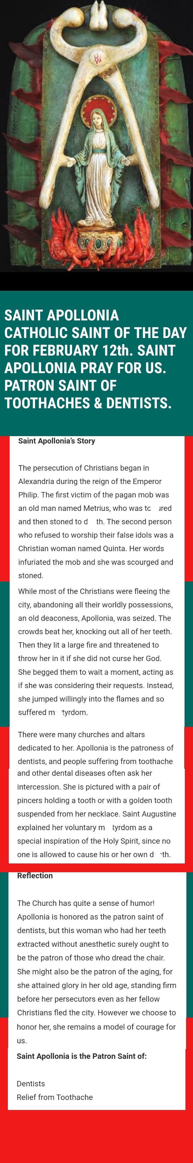 SAINT APOLLONIA CATHOLIC SAINT OF THE DAY FOR FEBRUARY 12th. SAINT