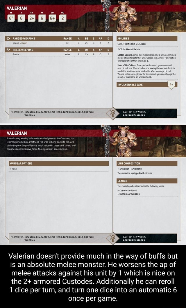 VALERIAN Gnosis MELEE WEAPONS RANGED WEAPONS ABILITIES 4 CORE: Feel No ...