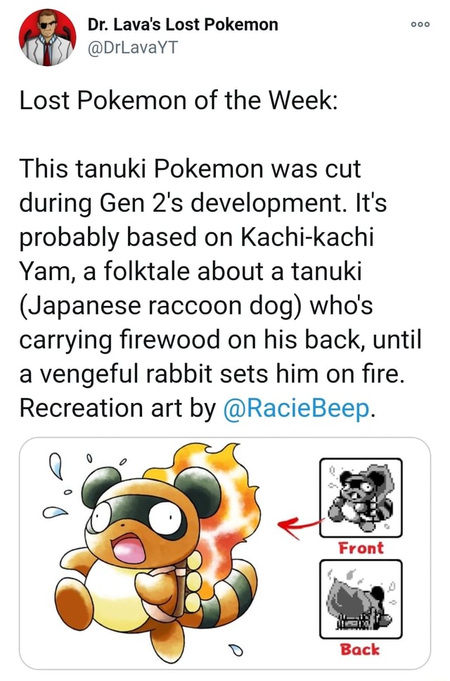 Dr Lava S Lost Pokemon Drlavayt Lost Pokemon Of The Week This Tanuki Pokemon Was Cut During Gen Development It S Probably Based On Kachi Kachi Yam A Folktale About A Tanuki Japanese Raccoon Dog