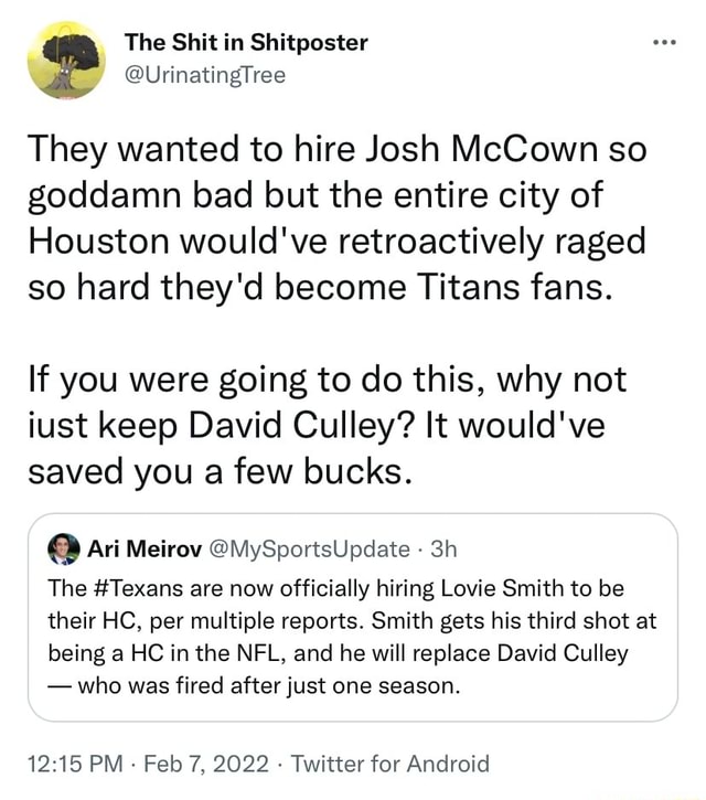 The Shit In Shitposter @UrinatingTree They Wanted To Hire Josh McCown ...