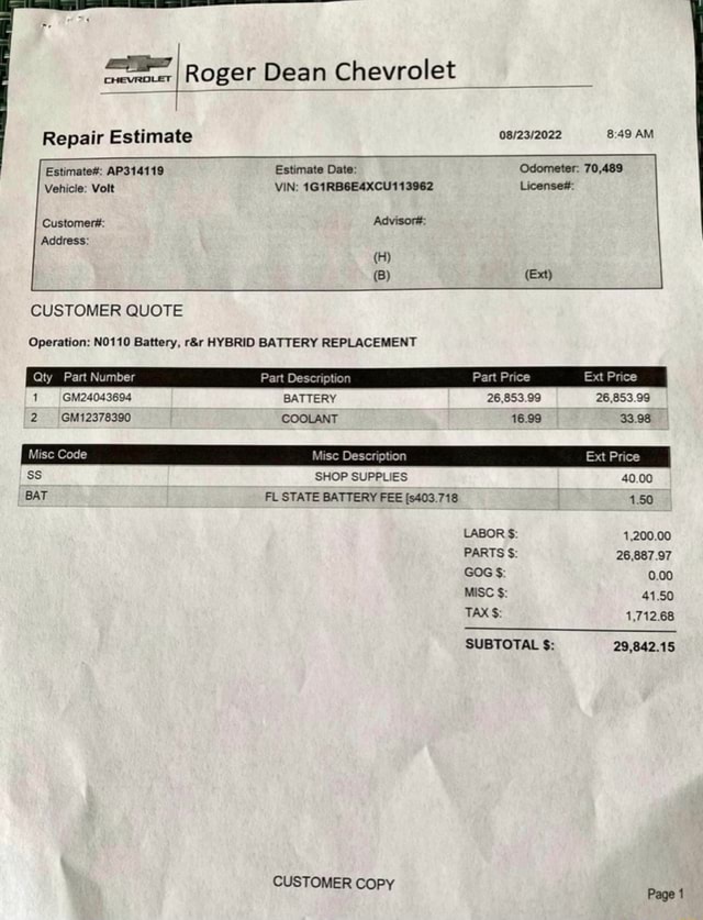 Roger Dean Chevrolet Repair Estimate AM Estimate AP314119 Estimate Date Odometer 70,489