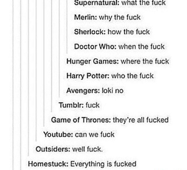 Supernatural wnat the tuck Merlin why the fuck Sherlock how the fuck ... pic