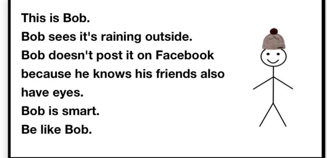 This Is Bob Bob Sees It S Raining Outside Bob Doesn T Post It On Facebook Because He Knows His Friends Also Have Eyes Bob Is Smart Be Like Bob