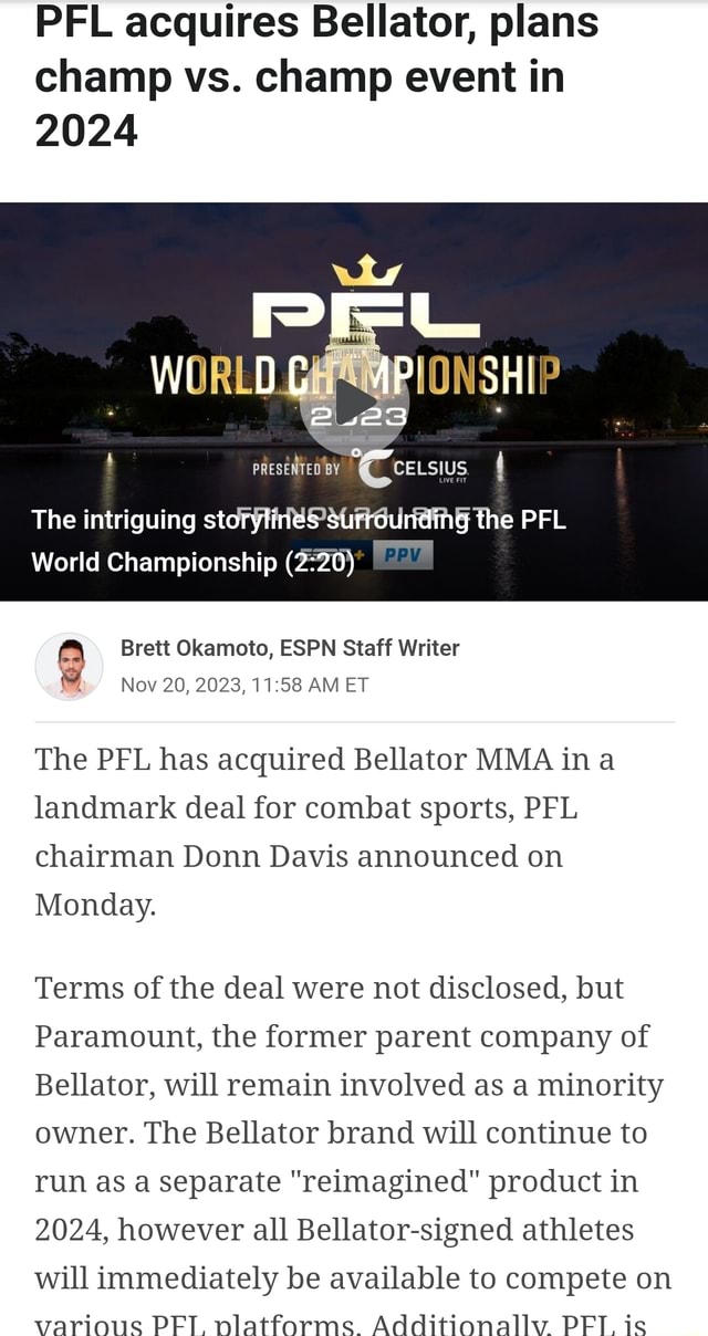 PFL Acquires Bellator, Plans Champ Vs. Champ Event In 2024 Wi DC. 2523 ...