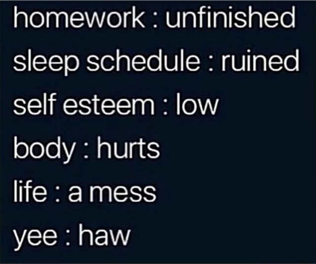 Homework unfinished sleep schedule ruined self esteem low body