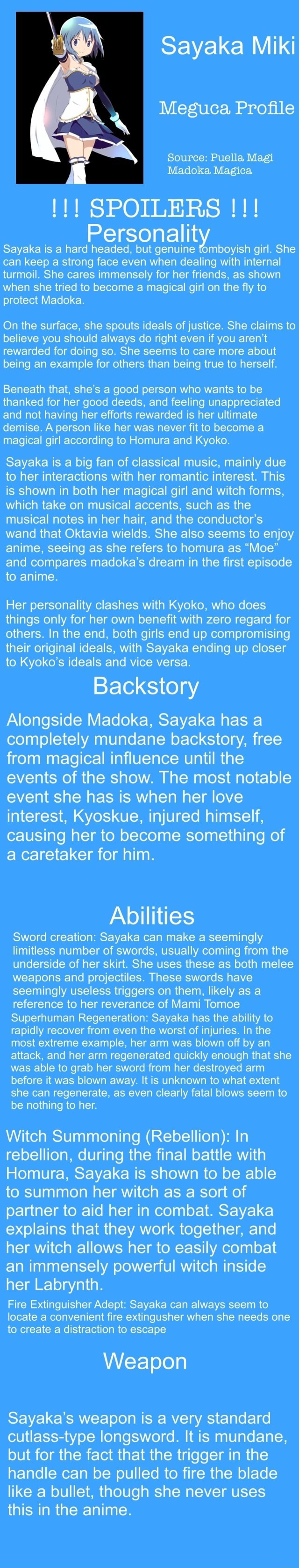 Sayaka Miki Meguca Profile Source Puella Magi A Madoka Magica Spoilers Sayaka Is A Hard Headed But Genuine Girl She Can Keep A Strong Face Even When Dealing With Internal Turmoil She