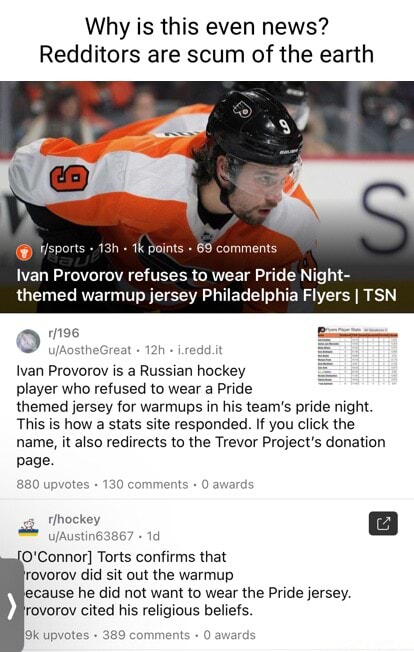 Flyers' Ivan Provorov refuses to wear Pride Night jersey, sits out warmups  due to religious beliefs 