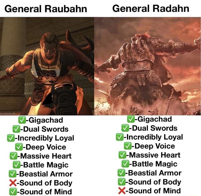 General Raubahn @-Gigachad @-Dual Swords -Incredibly Loyal @-Deep Voice ...