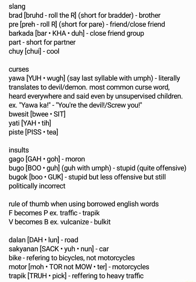 Slang brad [bruhd roll the R] (short for bradder) brother pre [preh