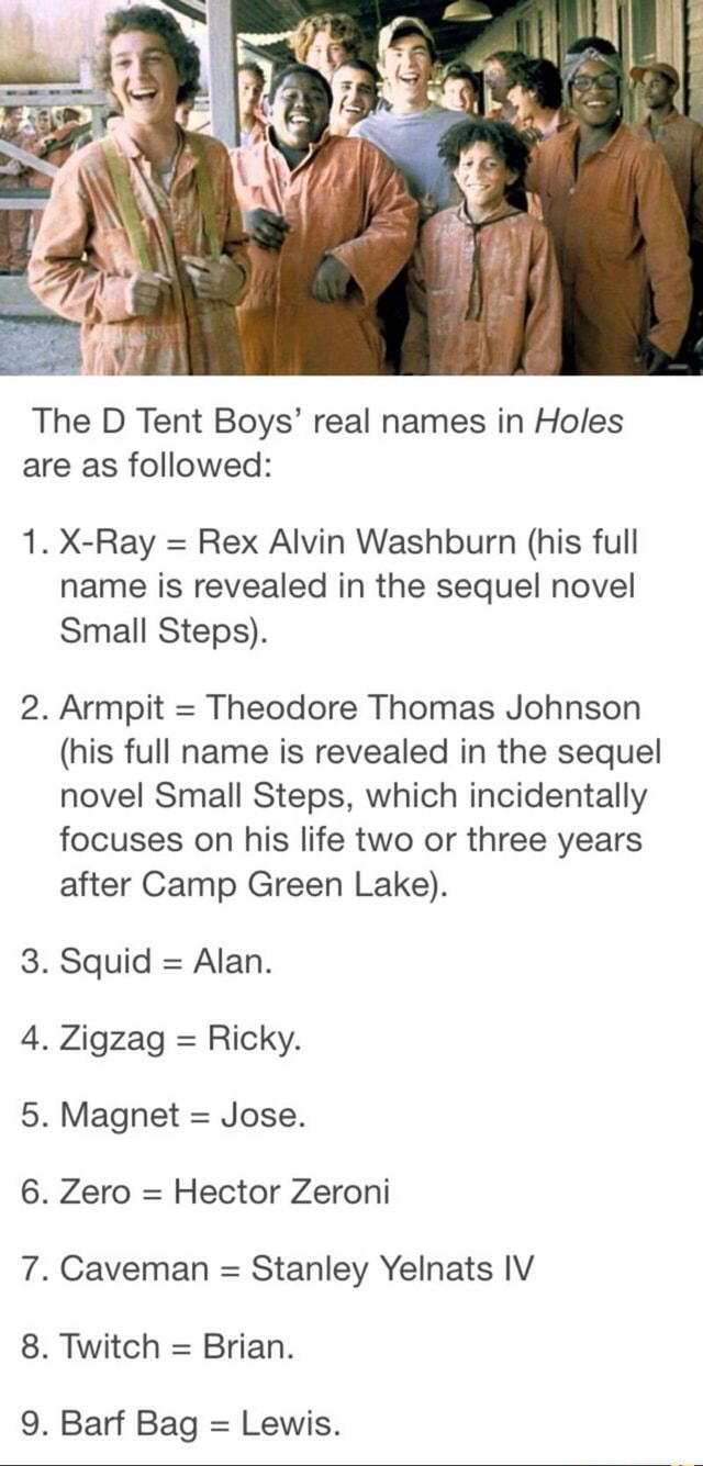 The D Tent Boys Real Names In Holes Are As Followed 1 X Ray Rex Alvin Washburn His Full Name Is Revealed In The Sequel Novel Small Steps Armpit Theodore