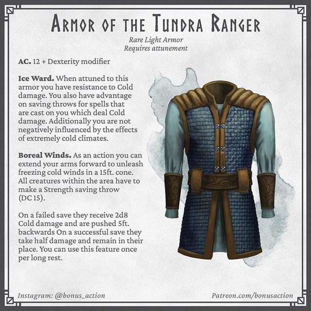 ARMOR OF THE TUNDRA RANGER Rare Light Armor Requires attunement AC. 12 ...