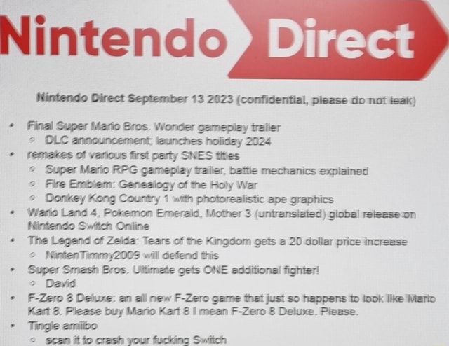 Nintendo Nintendo Direct September 13 2023 (confidential, please do not  teak) Final Super Mario Bros. Wonder gamepiay trailer DLC announcement:  launches holiday 2024 'femakes of various first party SNES tities Super  Mario