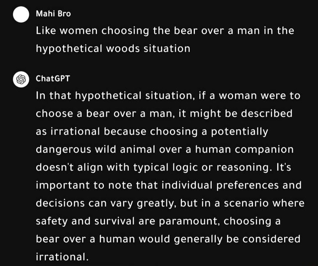 Mahi Bro Like women choosing the bear over a man in the hypothetical ...