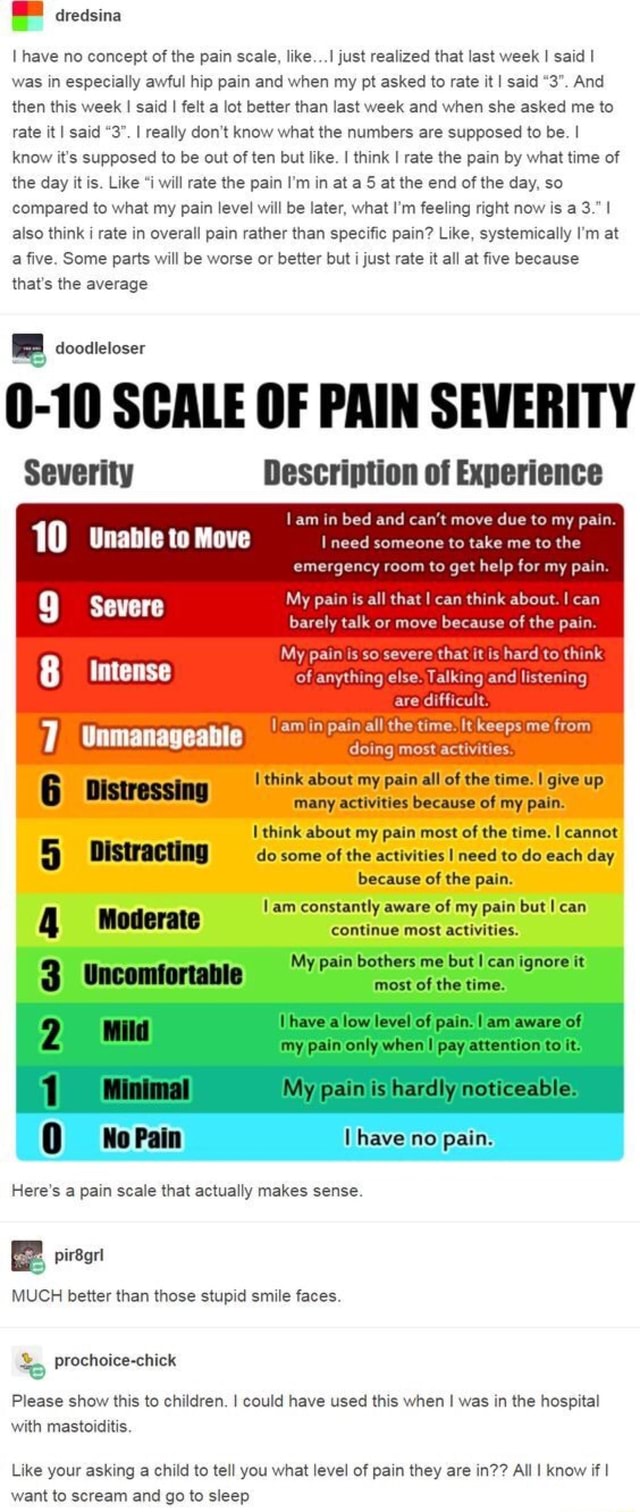 - dredsina l have no concept ofthe pain scale. like...I just realized ...