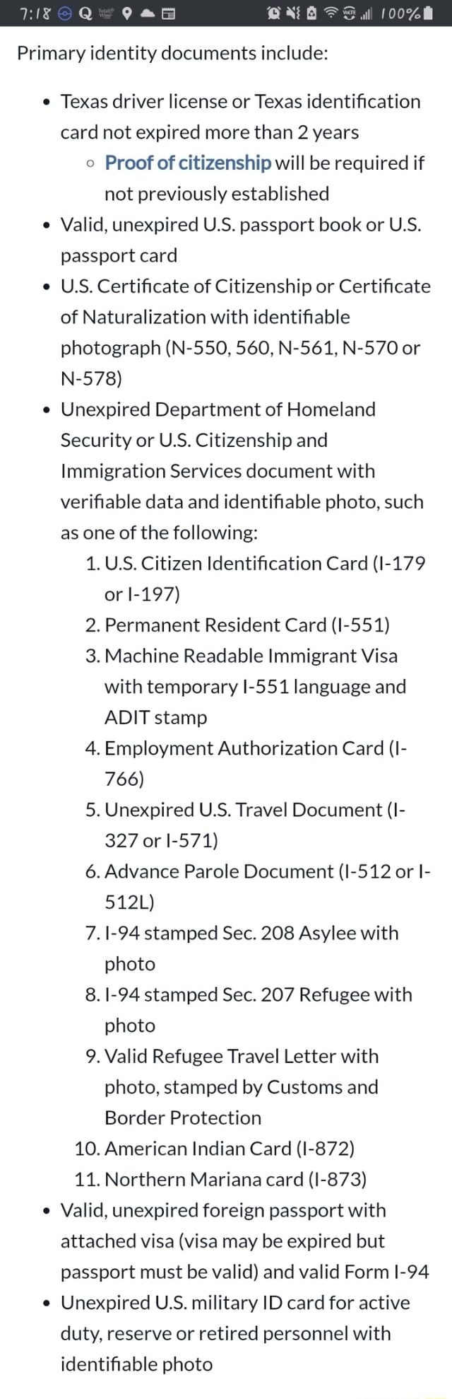 Primary identity documents include: Texas driver license or Texas ...