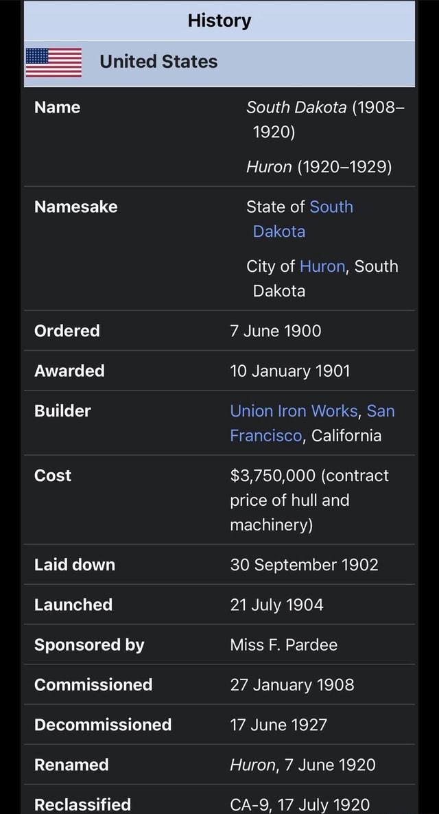 Armored/Heavy Cruiser ACR/CA9 USS South Dakota/ USS Huron History
