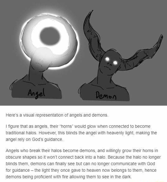 Here's a visual representation of angels and demons. figure that as angels, their "horns" would