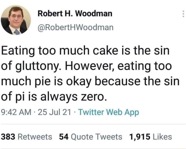 Robert H. Woodman @RobertHWoodman Eating Too Much Cake Is The Sin Of ...