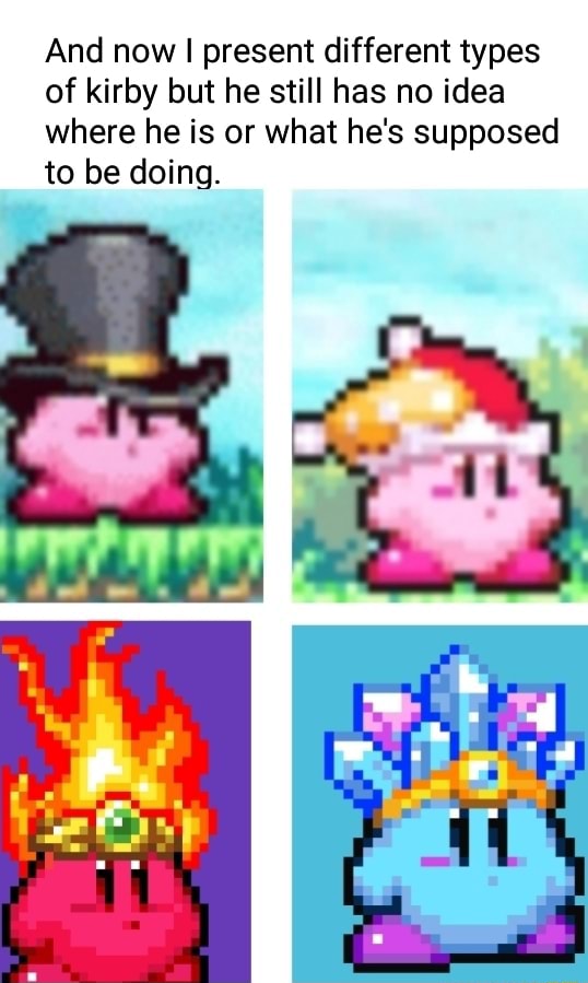 And now I present different types of kirby but he still has no idea where he is or what he's