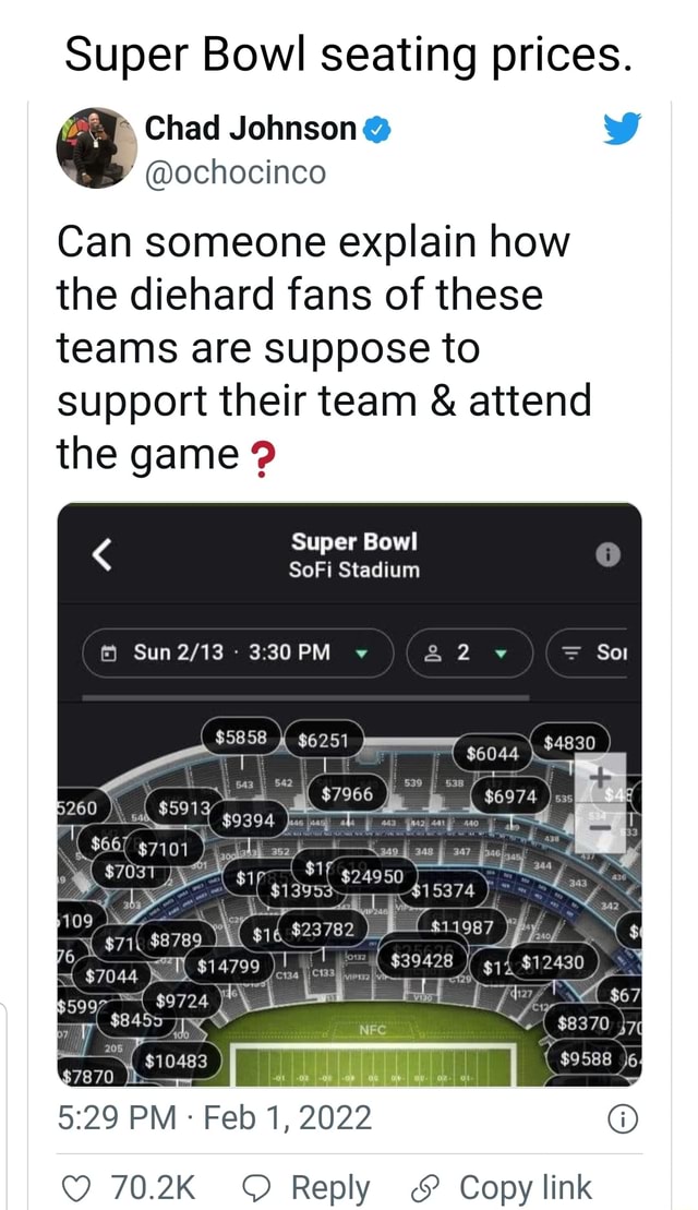 Super Bowl seating prices. Chad Johnson 'ochocinco Can someone explain how the diehard fans