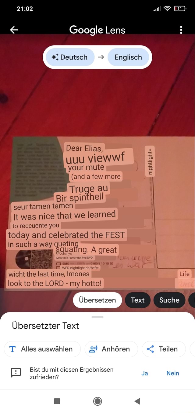 Google Lens +,Deutsch Englisch Dear Elias, uuu viewwf your mute (and a