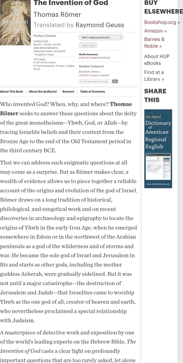 The Invention of God I Thomas ROmer Translated by Raymond Geuss Product