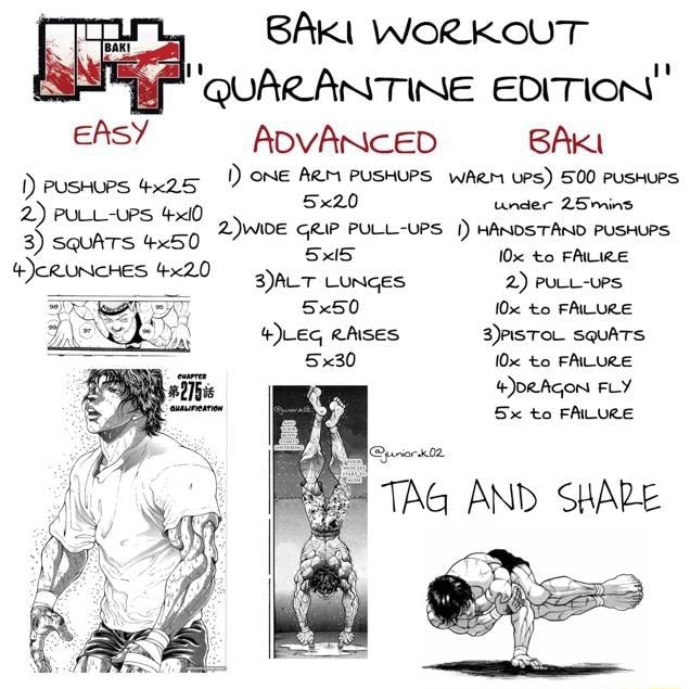 Baki Workout Af Quarantine Edition Easy Advanced Baki Pus 425 1 One Arm Pushups Warm Ups 500 Pushups 5x20 Under 25mins 2 Pull Ups 40 3 Squats 450 Grip Pull Ups Handstand Pushups To