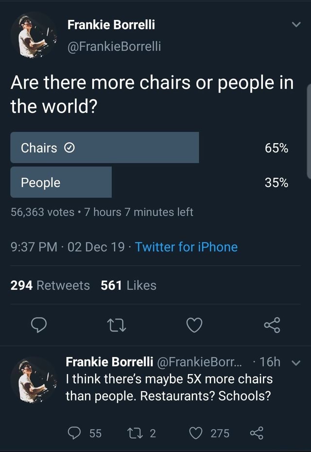 6 Are there more chairs or people in the world? Chairs O 65 fas