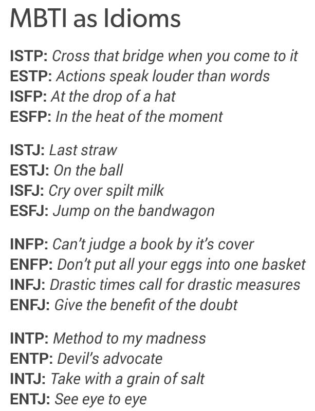 Mbti As Idioms Istp Cross That Bridge When You Come To It Estp Actions Speak Louder Than Words Isfp At The Drop Ofa Hat Esfp In The Heat Ofthe Moment Istj Laststraw