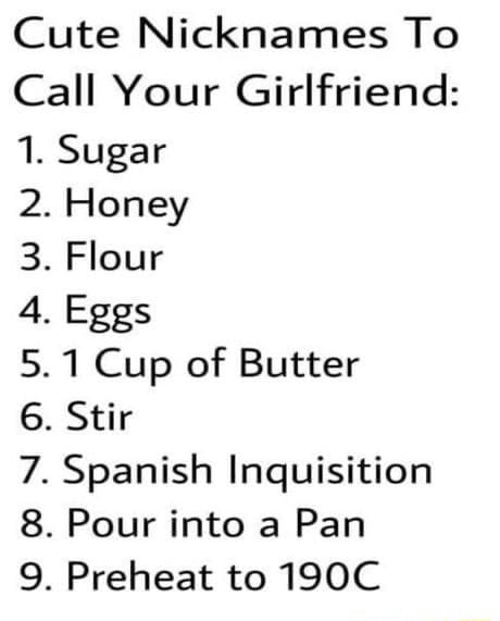 Cute Nicknames To Call Your Girlfriend: 1. Sugar 2. Honey 3. Flour ...