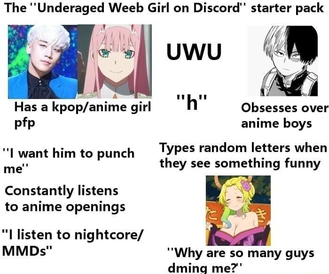 The Underaged Weeb Girl On Discord Starter Pack Pfp Anime Boys I Want Him To Punch Types Random Le Tters When Me They See Something Funny Constantly Listens To Anime Openings I Listen