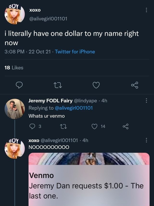 Xoxo Alivegirl0o1101 I Literally Have One Dollar To My Name Right Now Pm 22 Oct 21 Twitter For Iphone 18 Likes Jeremy Fodl Fairy Lindyape Replying To Alivegirloo1101 Whats Ur