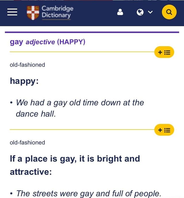 Cambridge Dictionary gay adjective (HAPPY) oldfashioned happy We had