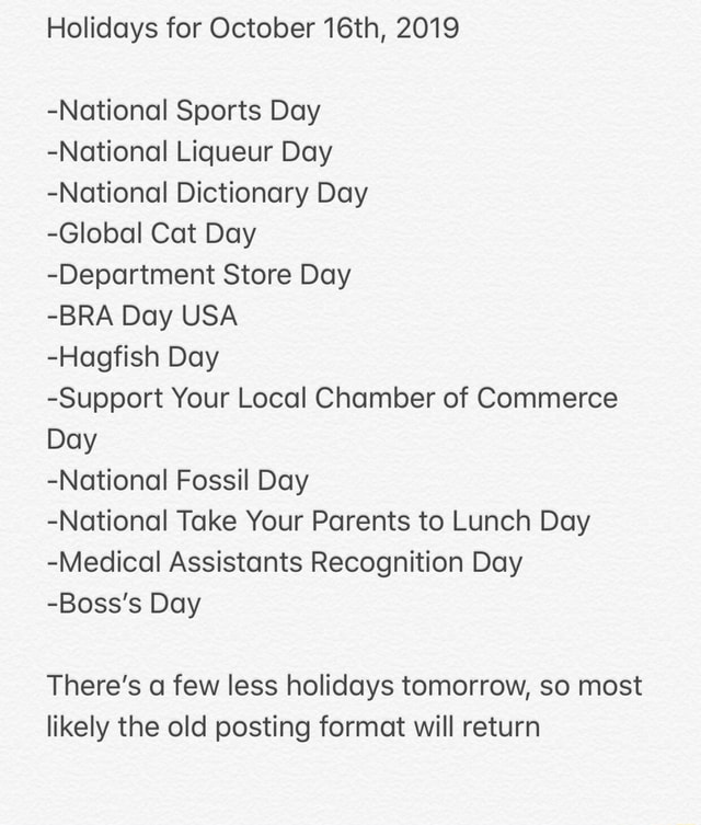 Holidays for October 16th, 2019 NotionoI Sports Day NationoI Liqueur