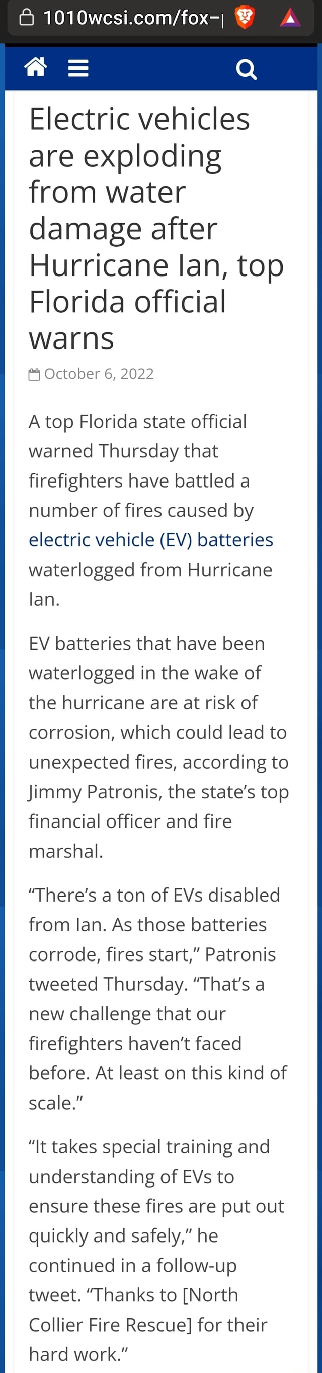Electric vehicles are exploding from water damage after Hurricane lan