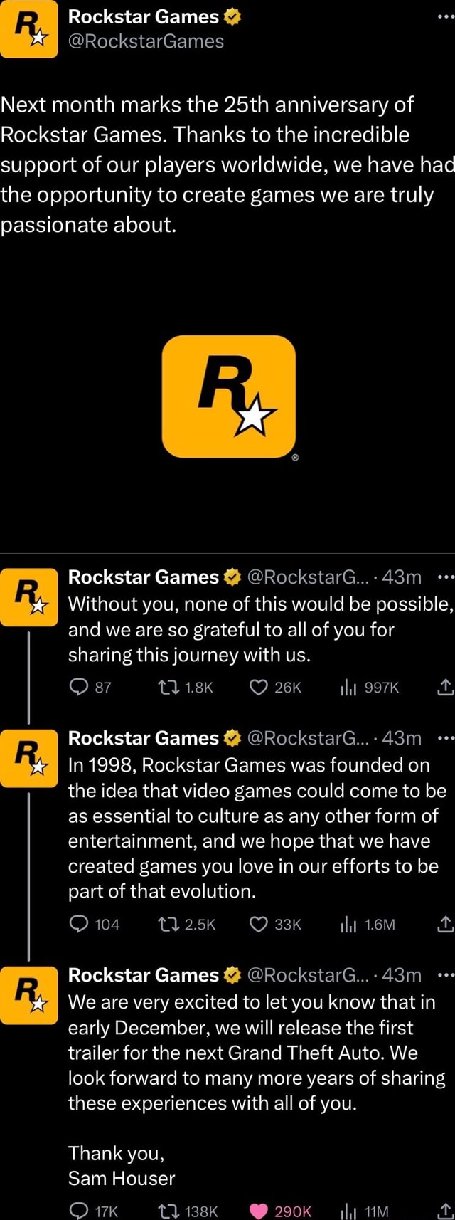 Rockstar Games on X: Next month marks the 25th anniversary of Rockstar  Games. Thanks to the incredible support of our players worldwide, we have  had the opportunity to create games we are