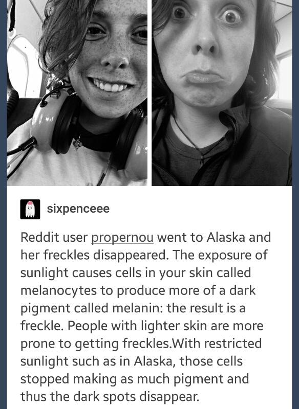 Reddit user propernou went to Alaska and her freckles disappeared. The