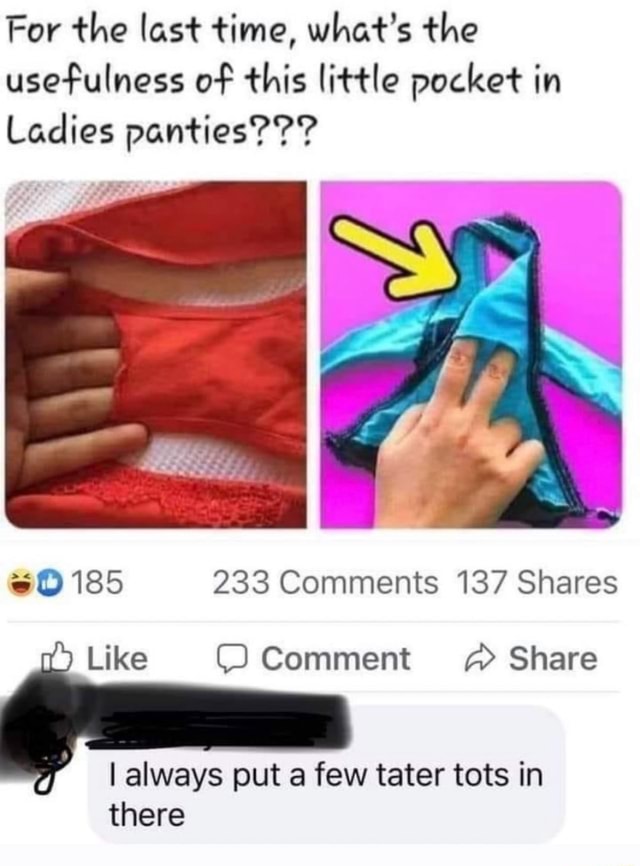 For the last time, what's the usefulness of this little pocket in Ladies  panties??? 185 233 Comments 137 Shares Like Comment Share I always put a  few tater tots in there - iFunny