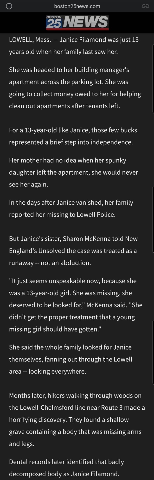 CD BOSTON 25 NEWS LOWELL, Mass. Janice Filamond was just 13 years old when her family last saw