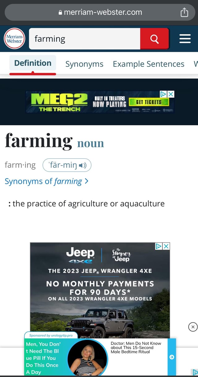 Definition farming Synonyms Example Sentences V THE TRENCH farming noun