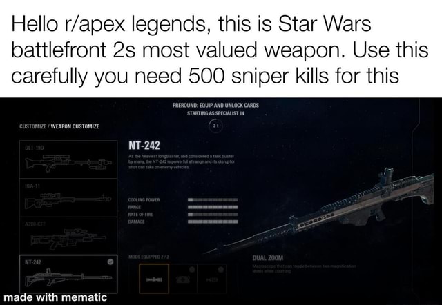 Hello Legends This Is Star Wars Battlefront Most Valued Weapon Use This Carefully You Need 500 Sniper Kills For This Preround Equip And Unlock Cards Starting As Specialist In Nt 242 Th Customize