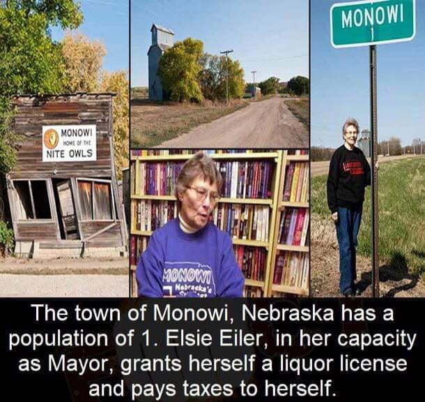 Population of 1. The town of Monowi, Nebraska has a population of 1