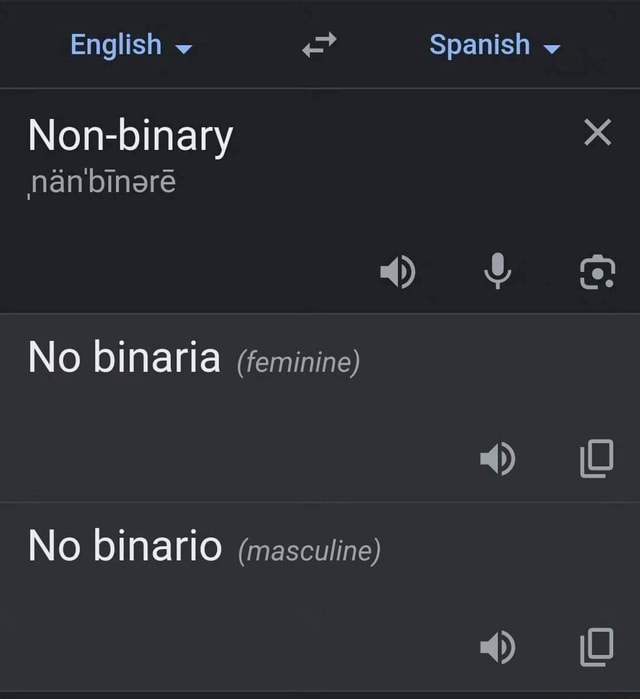 English Spanish Nonbinary nanbinare No binaria (feminine) 4) 4) 4) No