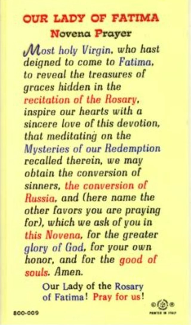 OUR LADY OF FATIMA Novena Prayer Most Holy Virgin, Who Hast Deigned To ...