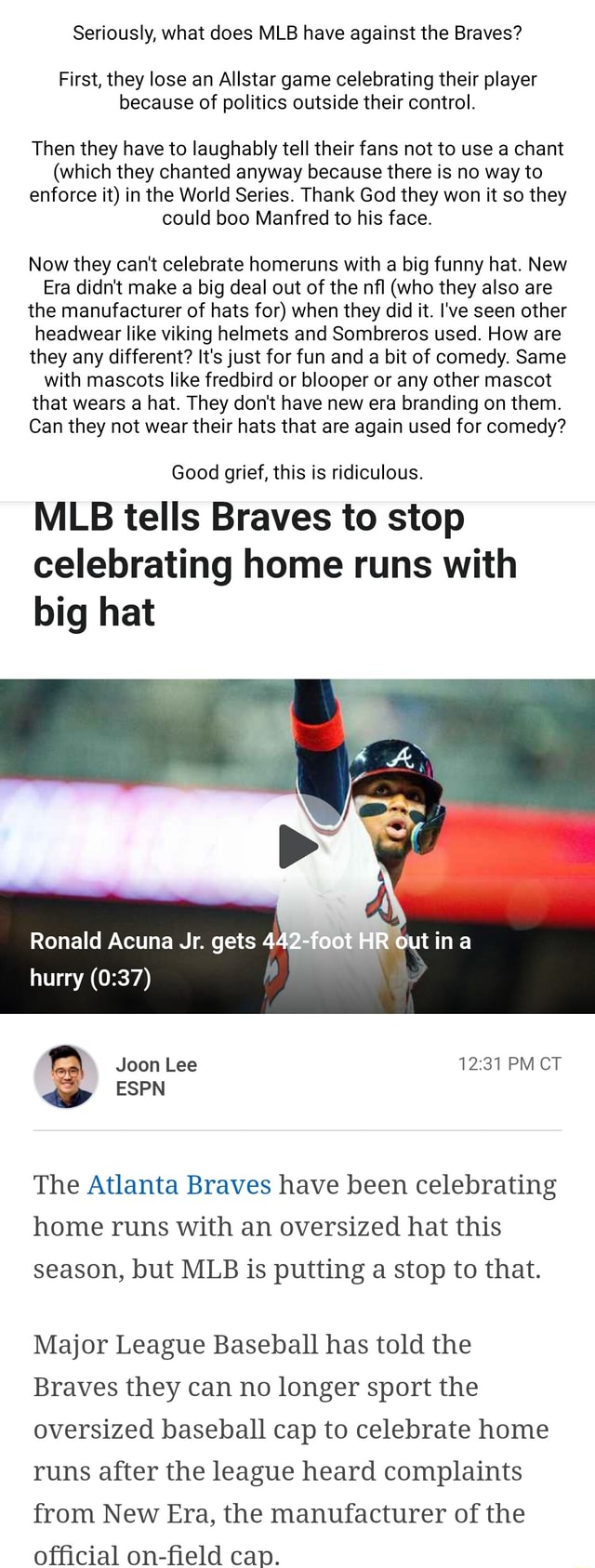 Seriously, what does MLB have against the Braves? First, they lose an  Allstar game celebrating their player because of politics outside their  control. Then they have to laughably tell their fans not