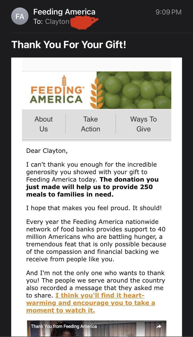 FA Feeding America To Thank You For Your Gift! AMERICA About Take Ways