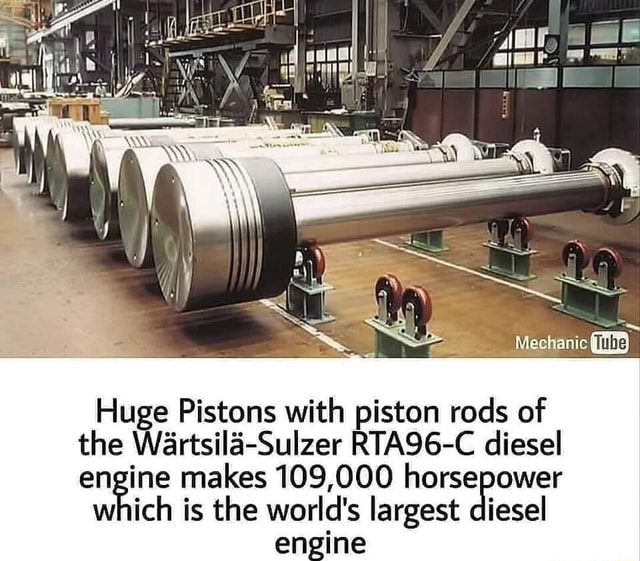 Huge Pistons with piston rods of the Wartsila-Sulzer RTA96-C diesel ...