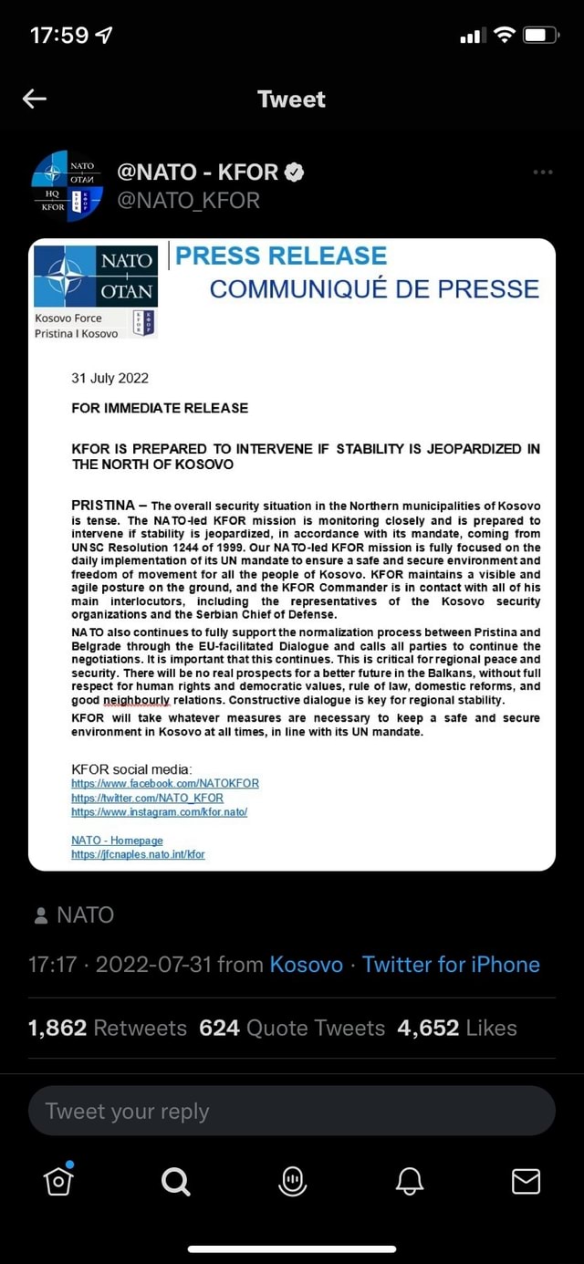7 ) Tweet @NATO KFOR@ @NATO_KFOR KFOR NATO Kosovo Force Pristinal